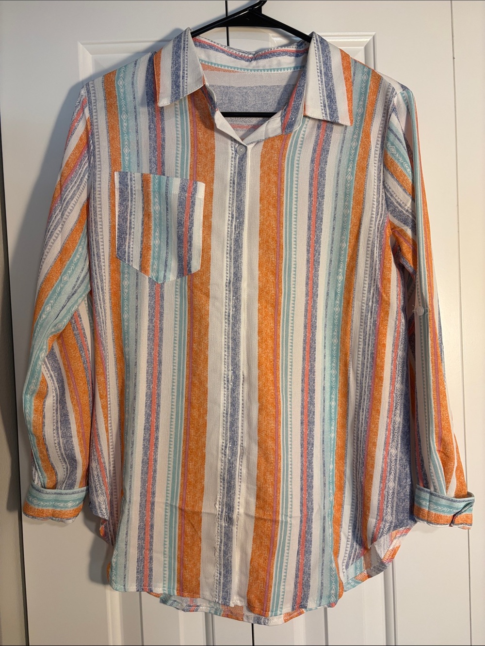Striped Long-Sleeve Button-Up Shirt in Orange, Blue & White